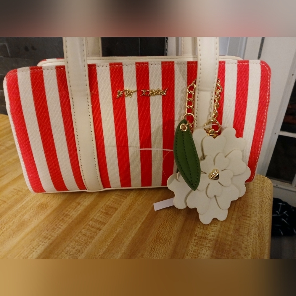 Betsey Johnson Cream and Pink Striped Shoulder Bag - Picture 2 of 6
